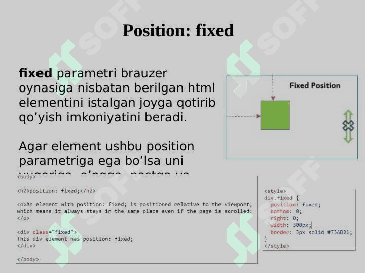 CSS display position parametrlari. Web struktura qurishda ularni ishlatilishi. transform - elementlar ustida amallar. Animasiya yaratish. 7