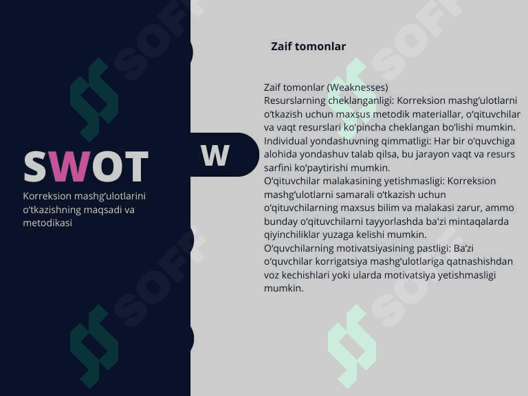 Korreksion mashg‘ulotlarini o‘tkazishning maqsadi va metodikasi mavzusida swot tahlili 2