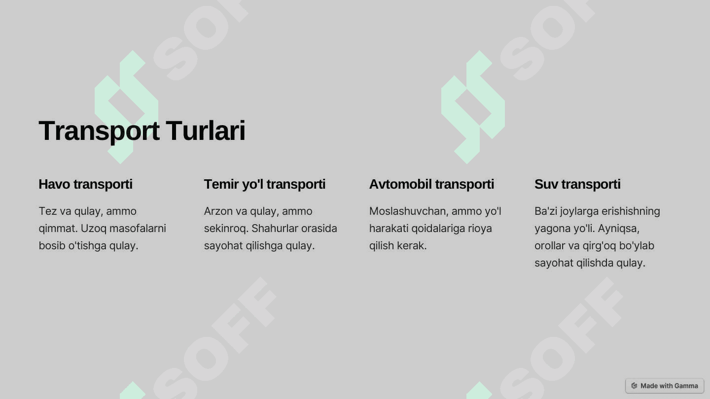 Turizmda transport xizmati va uning o'rni 2