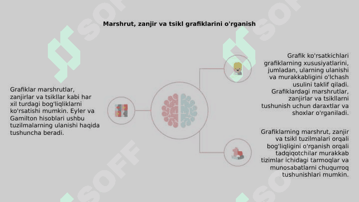 Grafiklarning bog'liqligi. Marshrut, zanjir, sikl. Eyler va Gamilton grafiklari. Grafik metrikasi. Daraxtlar, tarmoqlari 4