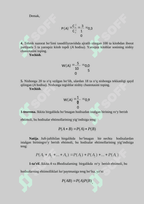 Tasodifiy hodisalar va ularning ehtimolliklari (ehtimollikning klassik, geometrik va statistik ta’riflari). Murakkab hodisa ehtimolliklari (shartli ehtimollik, to‘la ehtimollik va Bayes formulalari) 3