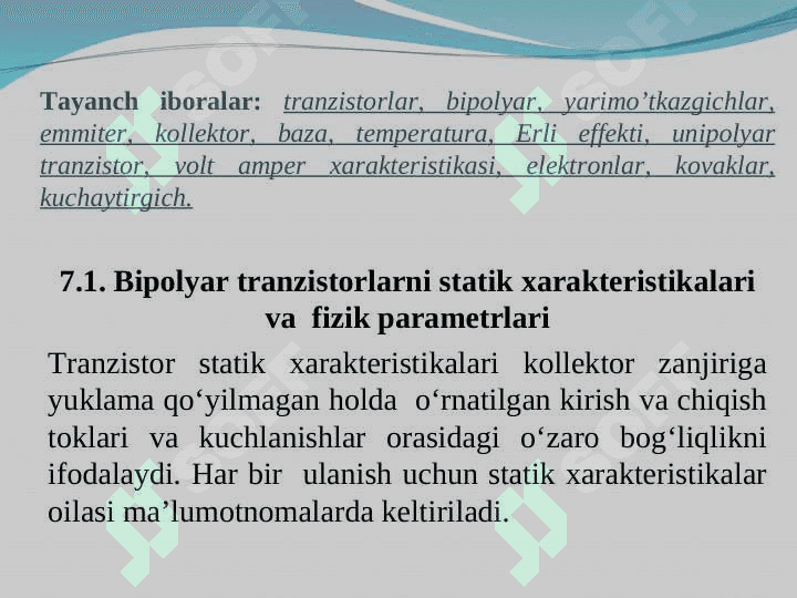 BIPOLYAR TRANZISTORLARNI STATIK XARAKTERISTIKALARI VA  FIZIK PARAMETRLARI 2
