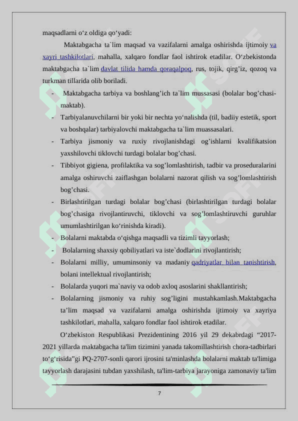 Maktabgacha ta'lim  uzluksiz ta'limning alohida turi sifatida 7
