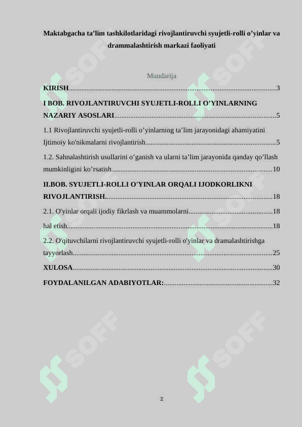 Maktabgacha ta’lim tashkilotlaridagi rivojlantiruvchi 2syujetli-rolli o’yinlar va drammalashtirish markazi faoliyati 2