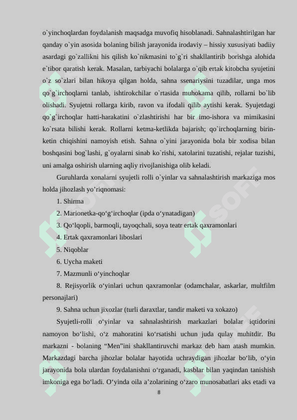 Maktabgacha ta’lim tashkilotlaridagi rivojlantiruvchi 2syujetli-rolli o’yinlar va drammalashtirish markazi faoliyati 8
