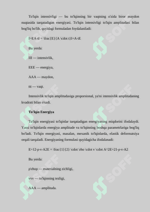YASSI TO'LQIN AMPLITUDASI, INTENSIVLIGI VA ENERGIYASI. UMOV VEKTORI. GAZ VA SUYUQLIKLARDA ELASTIK TO'LQINLAR 5