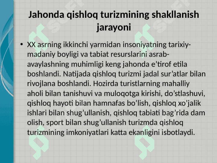 XORIJDA QISHLOQ TURIZMINI RIVOJLANTIRISH TAJRIBASI 2