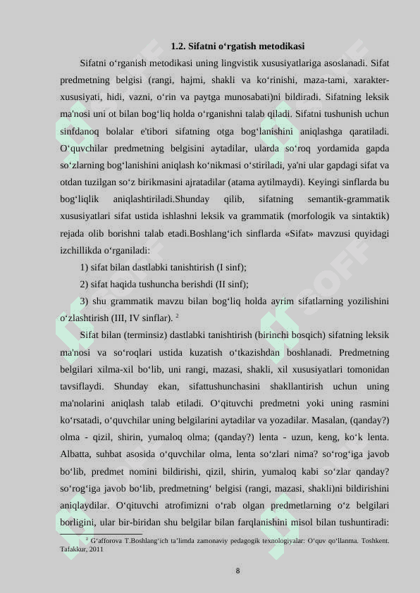 BOSHLANG‘ICH SINFLARDA “SIFAT” MAVZUSINI O‘RGATISH METODIKASI 8