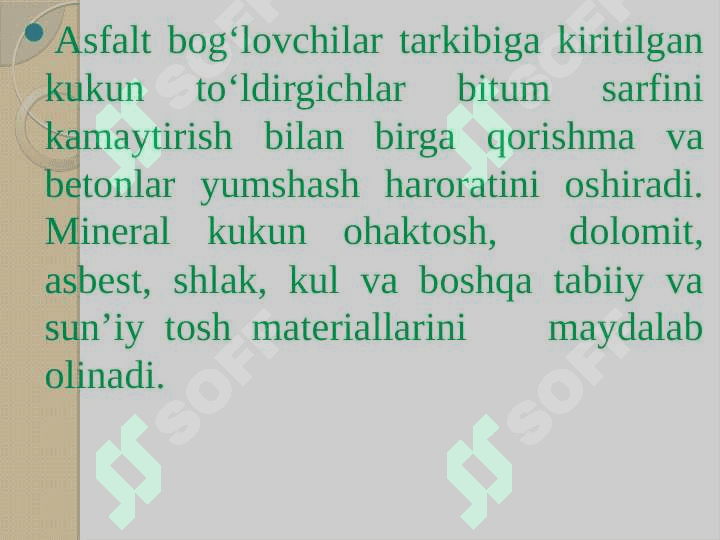 : Asfaltbeton. Asfaltbeton yuzasini g‘adir-budur bo‘lishini ta’minlash. Eski asfaltbetonni ishlatilishi (Regenerasiya) 3