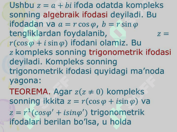 KOMPLEKS SONNING TRIGONOMETRIK SHAKLI. ILDIZ CHIQARISH AMALI. MUAVR FORMULASI. 5