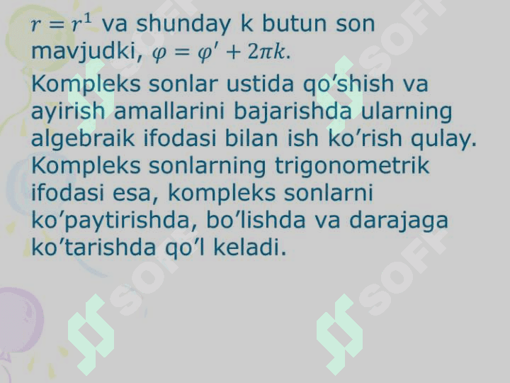KOMPLEKS SONNING TRIGONOMETRIK SHAKLI. ILDIZ CHIQARISH AMALI. MUAVR FORMULASI. 6