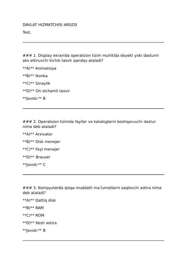 DAVLAT HIZMATCHISI ARGOS. 50 ta test