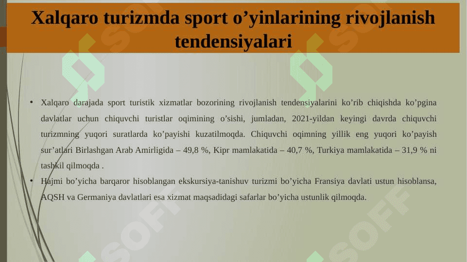 TURIZM SOHASINI RIVOJLANISHIDA SPORTNING O'RNI 4