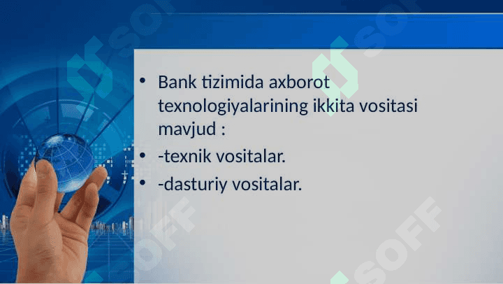 Bank axborot tizimi. Banklarda axborot-kommunikatsiya texnologiyalarining dasturiy ta’minlanishi. Marketing axborot tizimi.Kadrlarni boshqarish axborot tizimi. 6