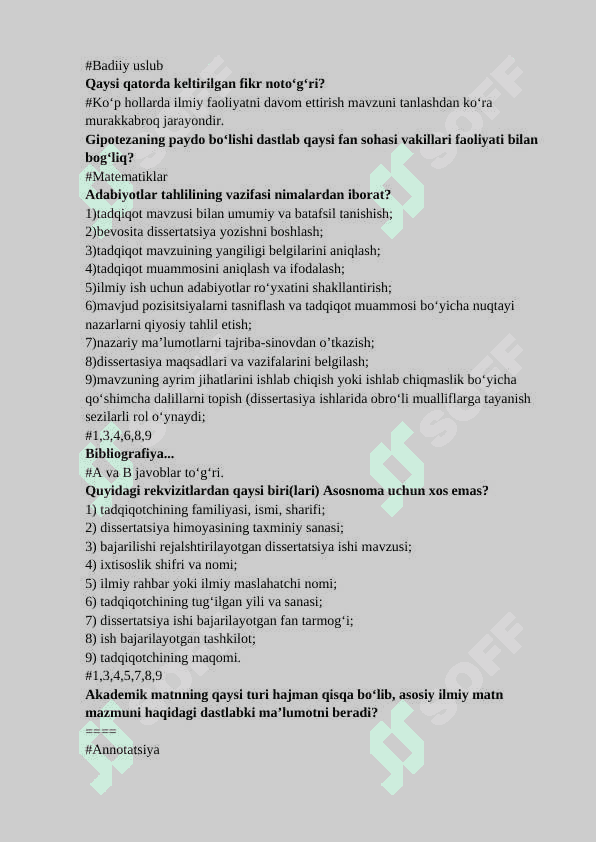 Akademik yozuv fanidan yakuniy nazorat test  javoblari 2