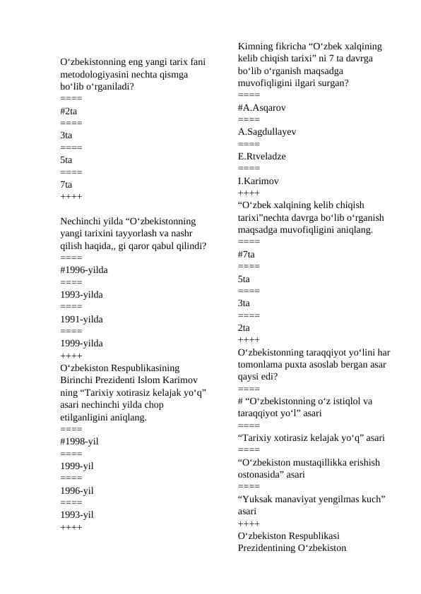 O'zbekistonning eng yangi tarixi fanidan 150 talik test, javoblari bilan
