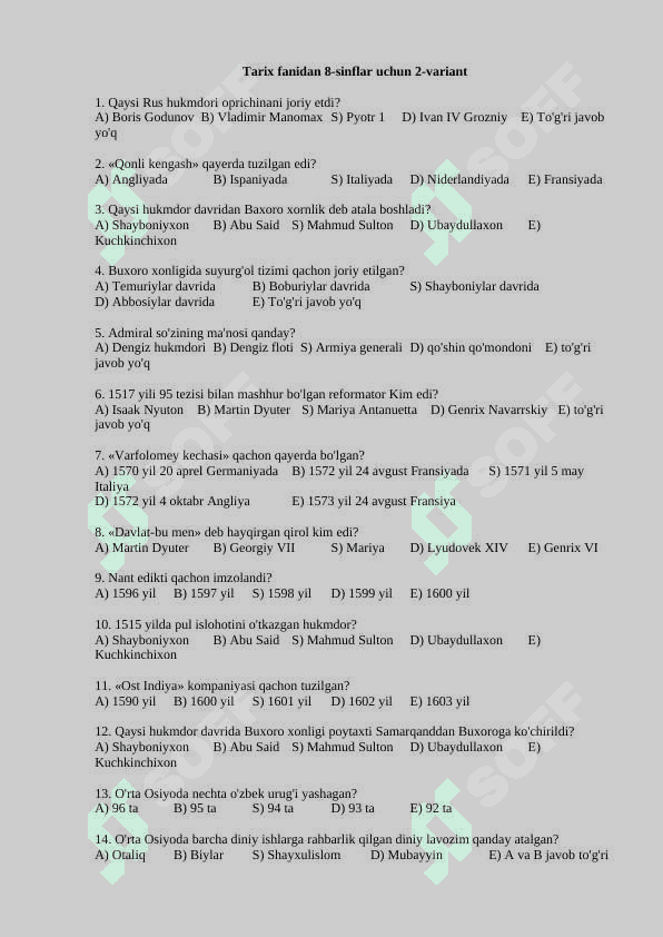 8-sinf tarix 1-chorak testi javoblari bilan 4