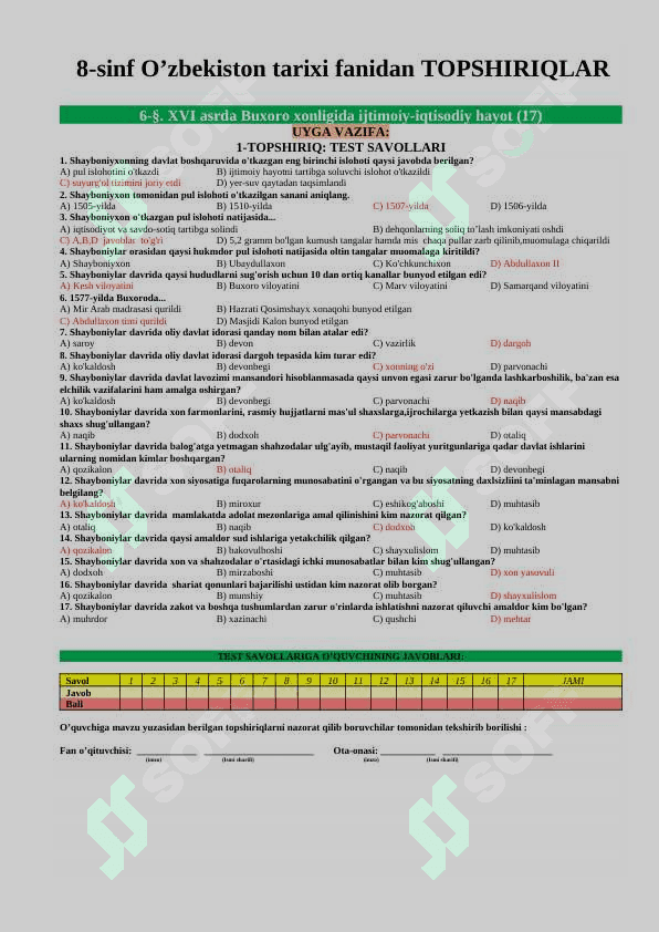 8_Sinf_O'zbekiston_tarixi_mavzulashtirilgan_test_Javoblari_bilan dars ishlanma 8