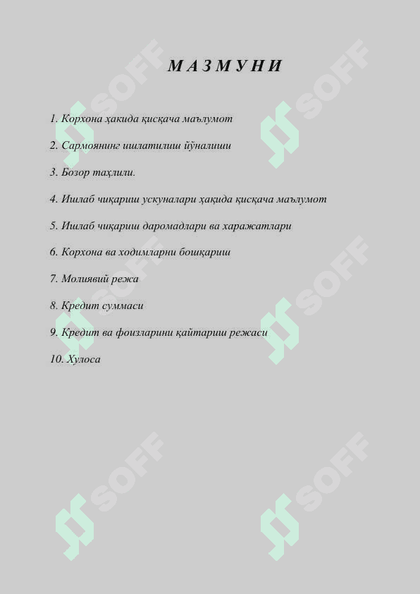Нон   маҳсулотлари ишлаб чиқариш    Б И З Н Е С    Р Е Ж А С И 2