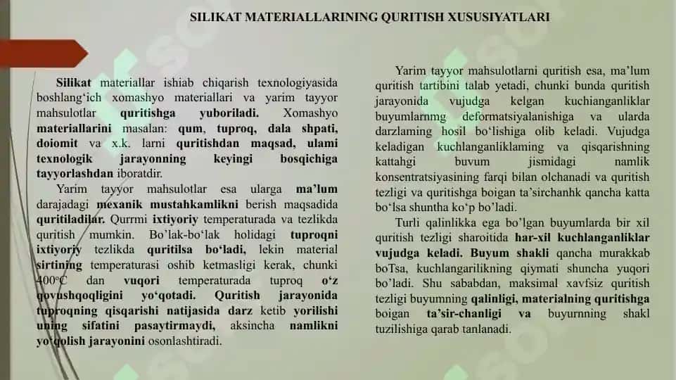 SILIKAT MATERIALLARNI ISHLAB CHIQARISHDAGI QURITGICHLAR 2