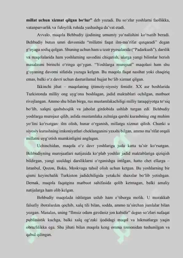 M.Behbudiyning “Yoshlarga murojaat” va “Muhtaram yoshlarga murojaat” maqolalarini tahlil etish 8