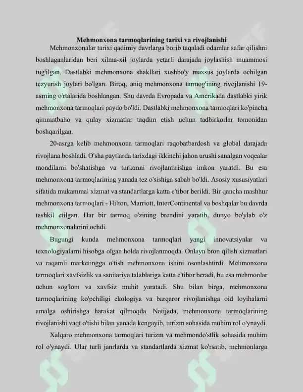 Xalqaro mehmonxona tarmoqlari va ularning ahamiyati 2