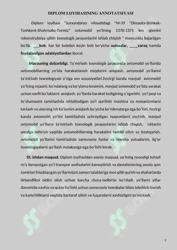 M 39 "Olmaota-Bishkek-Toshkent-Shahrisabz-Termiz" avtomobil yo‘lining rekonstruksiya qilish texnologik jarayonlari 2