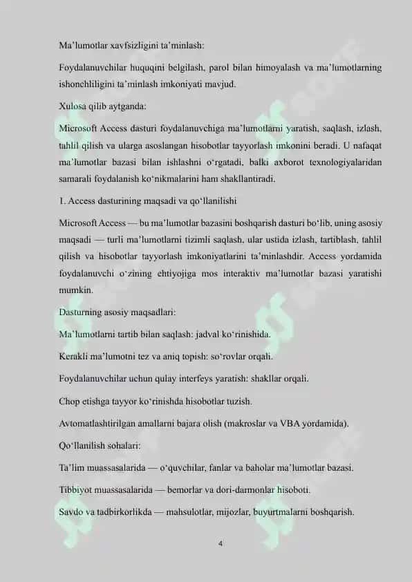 Microsoft Access dasturining asosiy obektlari bilan ishlashni o‘rganish 4