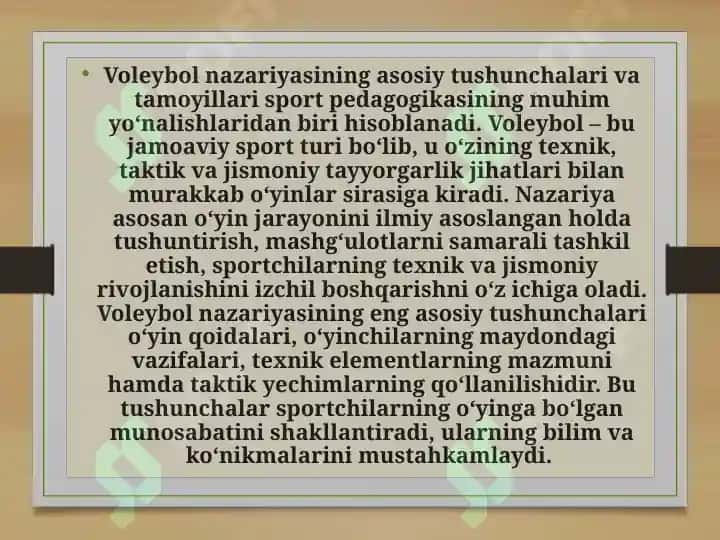 Voleybol nazariyasi va uslubiyati   qanday mavzularni o‘z ichiga oladi 2