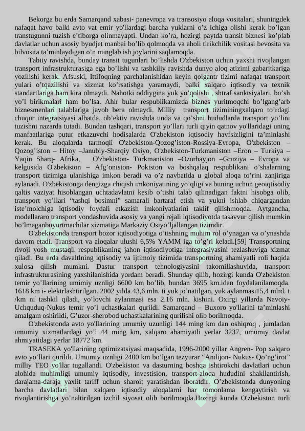 O’zbekiston iqtisodiyoti rivojlanishida xalqaro transport yo’llarining roli. 4