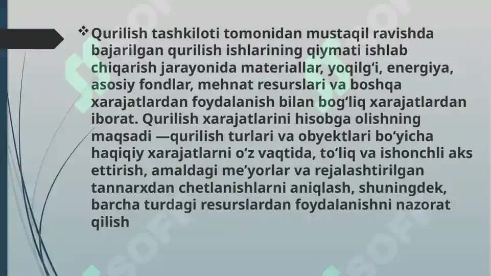 Qurilish tashkilotlarida ishlab chiqarish xarajatlari va tannarx kalkulatsiyasining  hisobi 4