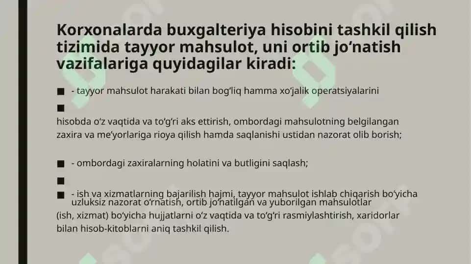 Tayyor mahsulot haqida tushuncha va uning hisobini tashkil etish 4