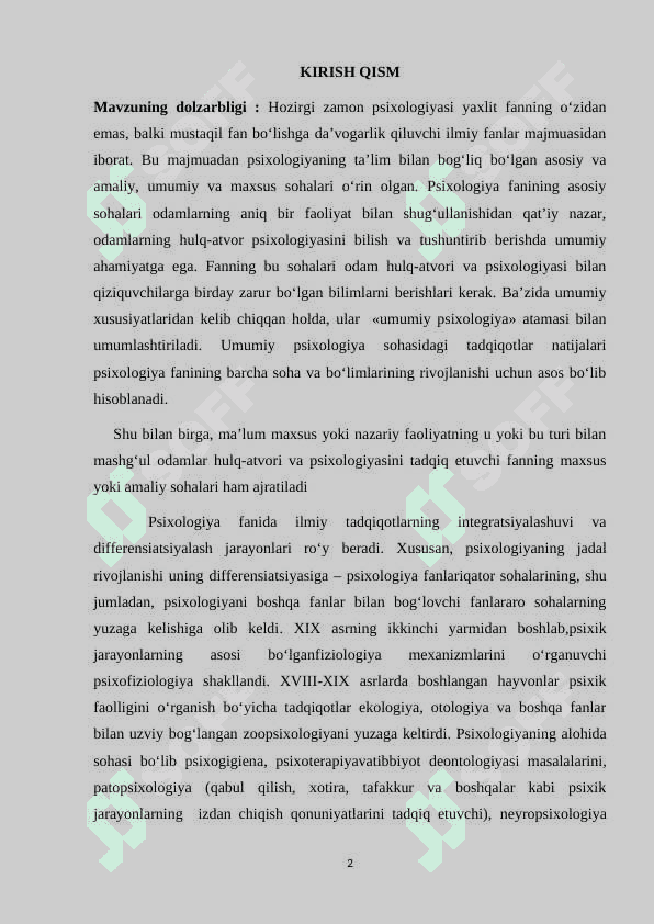 HOZIRGI ZAMON PSIXOLOGIYASI MAVZUSIDA KURS ISHI 2