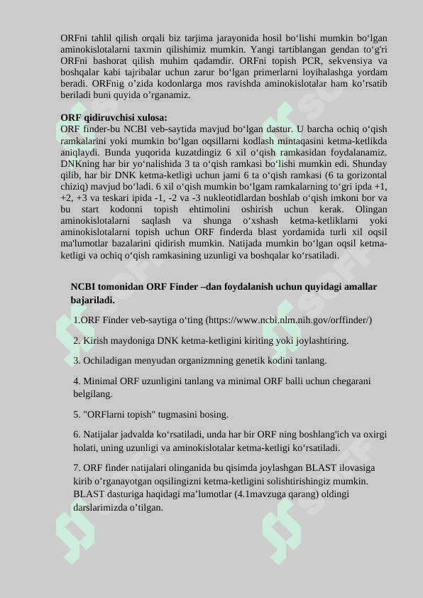 Hisoblashning ochiq ramkasini izlash. ORF Finder dasturida ishlash. 6