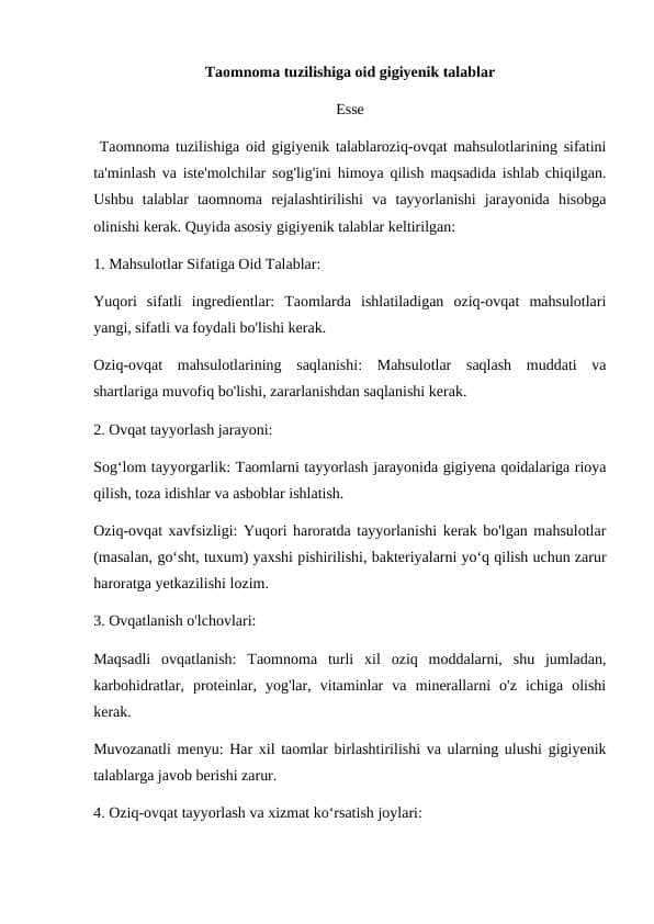 Taomnoma tuzilishiga oid gigiyenik talablar