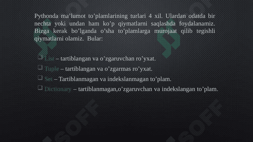 Pythonda konteynerlar va ular bilan ishlaydigan tayyor funksiyalar 2