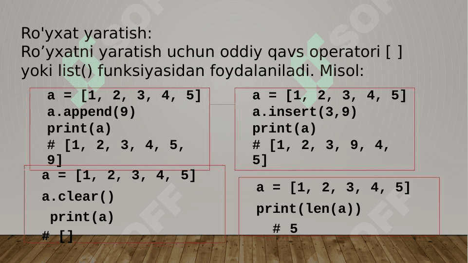 Pythonda konteyner (ro`yxat, to`plam, lug`at) lar ular bilan ishlaydigan tayyor funktsiyalar 3