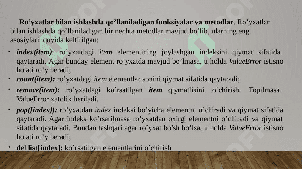 Pythonda konteyner (ro`yxat, to`plam, lug`at) lar ular bilan ishlaydigan tayyor funktsiyalar 4