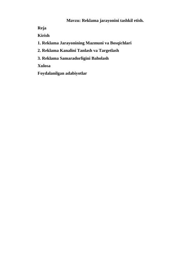 Reklama jarayonini tashkil etish.