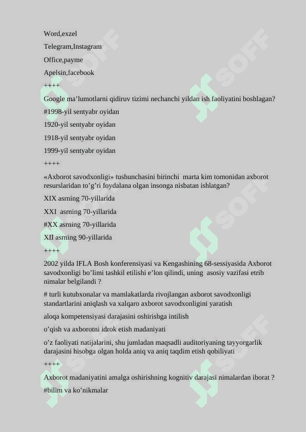 Mediasavodxonlik fanidan test, 250 ta javoblari bilan 6