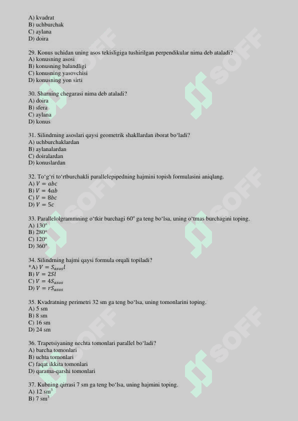 Geometrik masalalar yechish fanidan test savollari, javobsiz 4