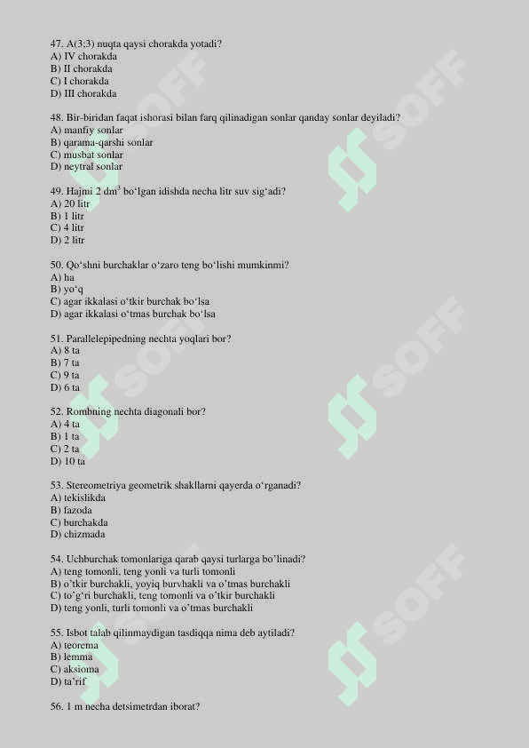 Geometrik masalalar yechish fanidan test savollari, javobsiz 6