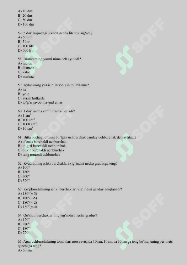 Geometrik masalalar yechish fanidan test savollari, javobsiz 7