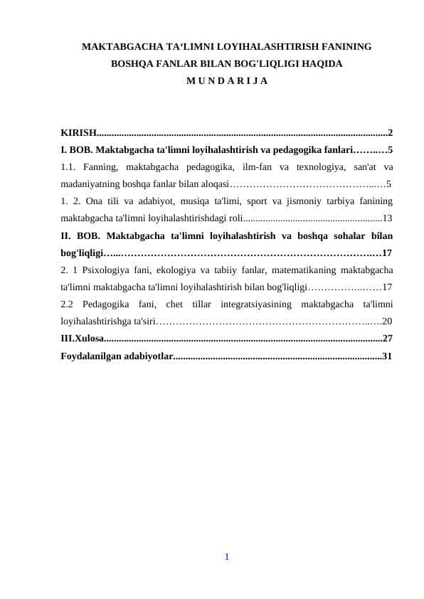 MAKTABGACHA TA‘LIMNI LOYIHALASHTIRISH FANINING BOSHQA FANLAR BILAN BOG'LIQLIGI HAQIDA