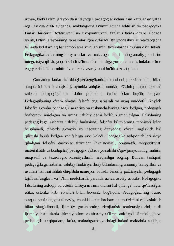 MAKTABGACHA TA‘LIMNI LOYIHALASHTIRISH FANINING BOSHQA FANLAR BILAN BOG'LIQLIGI HAQIDA 8