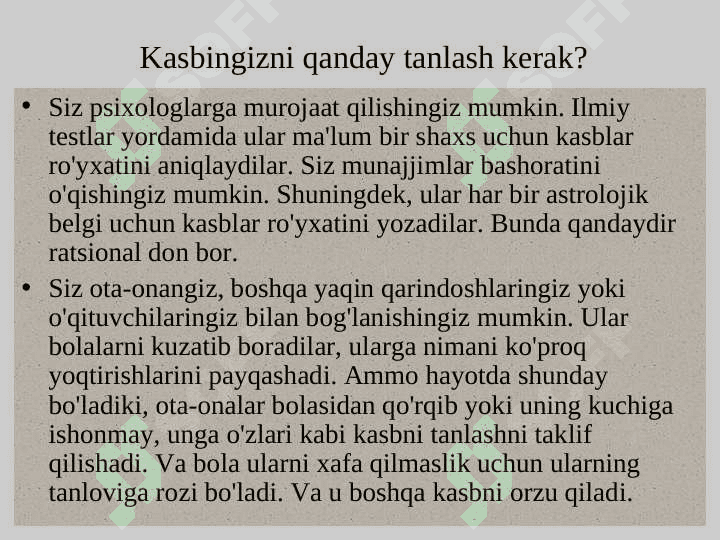 Kasb  tanlashda   o’quvchilarga     /  ta’sir    etadigan    omillar.Ta’lim-tarbiya,irsiyat,muxit. 7