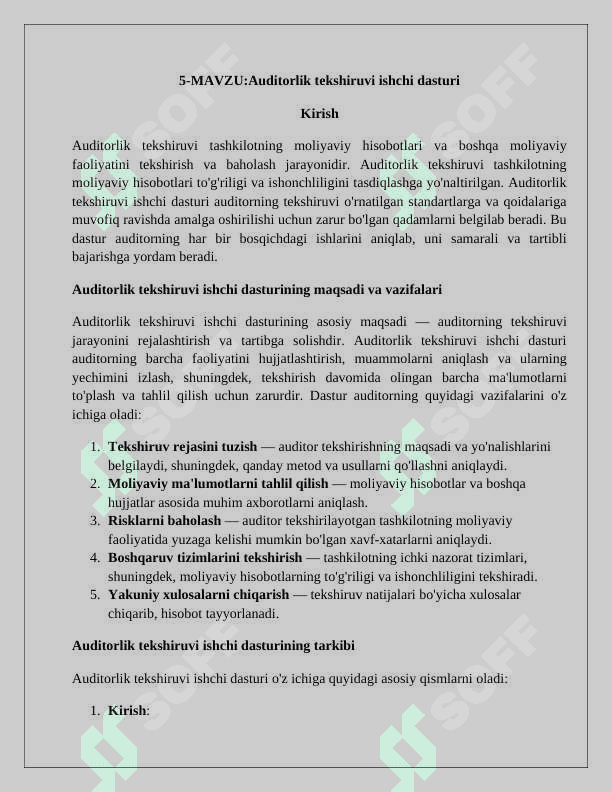 Auditorlik tekshiruvi ishchi dasturi. 2