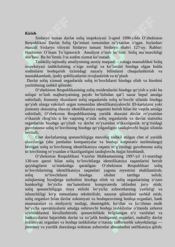 Davlat Soliq Inspeksiyasi Sirdaryo viloyati Sirdaryo tumani filliali bo’yicha malakaviy amaliyot  HISOBOTI 3
