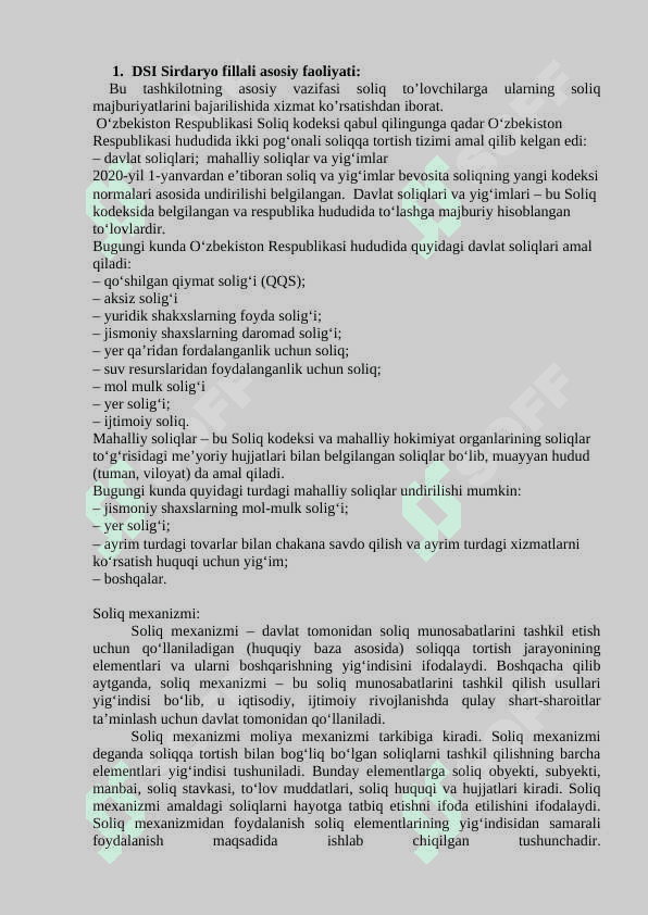 Davlat Soliq Inspeksiyasi Sirdaryo viloyati Sirdaryo tumani filliali bo’yicha malakaviy amaliyot  HISOBOTI 5