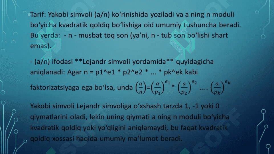 Lejandr va Yakobi simvollari va ularning xossalari. 7